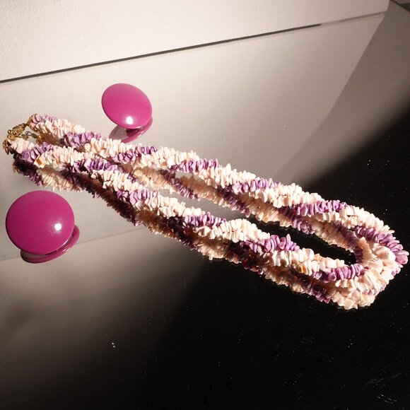 Vintage Pink and Purple Shell Beaded Necklace with Matching Earrings Set - Picture 2 of 7